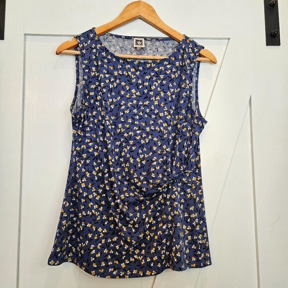 ANNE Klein Blue With Yellow Flower Print Shell Top, Sleeveless, Size Medium - Picture 1 of 7